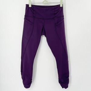 Lululemon Practice Daily Crop Leggings‎ Sz 4 Purple Ruched Stretch Pockets Yoga